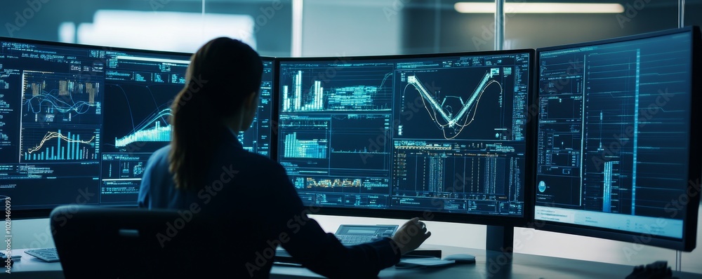 Poster a professional analyzing digital data trends on multiple screens in a modern office environment.