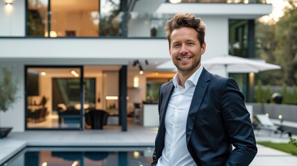 Fototapeta premium A photogenic real estate agent posing outdoors in front of a modern suburban home on a sunny day. Perfect for illustrating residential sales, real estate promotions, and cheerful lifestyle visuals.