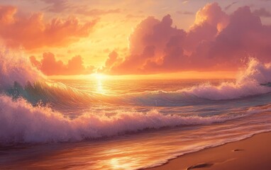 A serene sunset over ocean waves, casting warm colors across the sky and water.