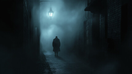 Silhouette of person walking in foggy alley under dim streetlight