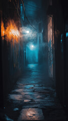 Fototapeta premium Dark narrow alleyway illuminated by eerie blue light at night