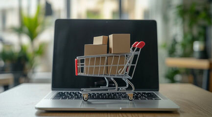 Shopping cart figurine with cardboard boxes on laptop on wooden table on light background with space for text, created with Generative AI technology