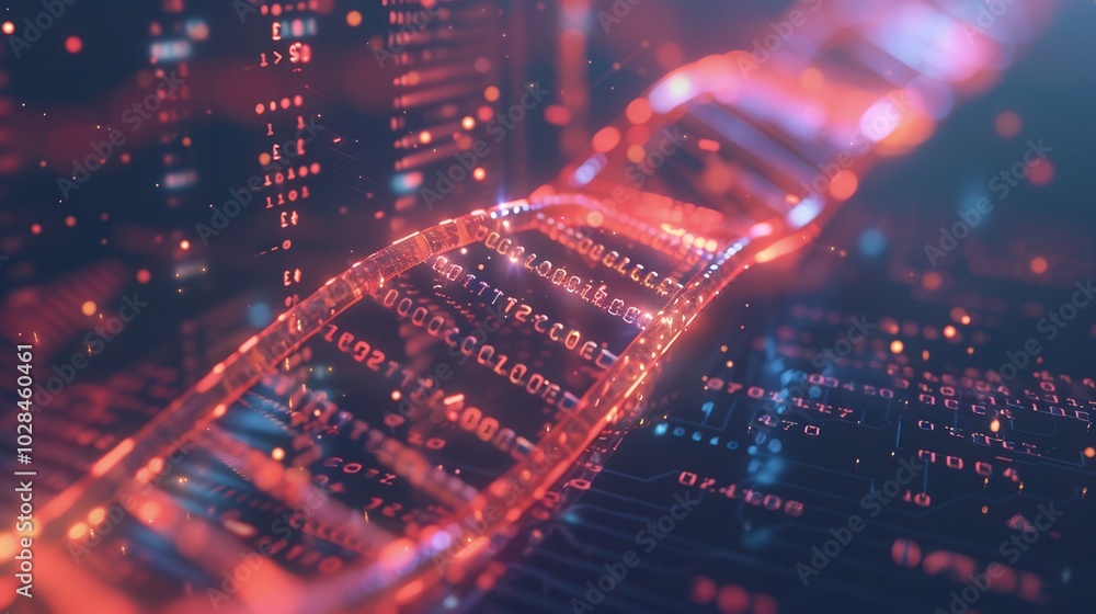 Aufkleber a vibrant 3d-rendered dna strand displays overlaid digital data streams and binary code, symbolizing