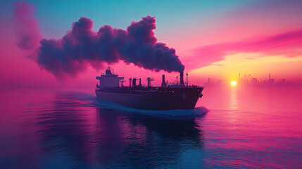Shipping vessel navigating calm ocean waves at sunset, with smoke rising into the colorful skyline, blending industrial elements with serene seascape with copy space