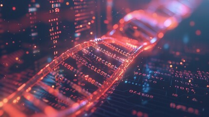 A vibrant 3D-rendered DNA strand displays overlaid digital data streams and binary code, symbolizing the fusion of biology and technology. Generative AI