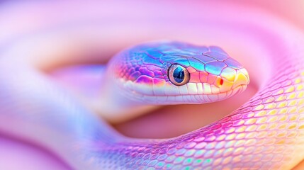 Fototapeta premium Close-up of a snake with iridescent rainbow-colored scales, illuminated gently with pastel lighting. Simple, blurred background.
