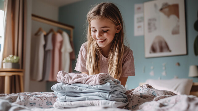 Cheerful Girl Organizing Pajamas on Bed Enjoying Laundry Day.