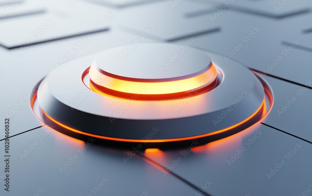 Poster a futuristic button with glowing edges on a sleek surface, suggesting interaction or activation.