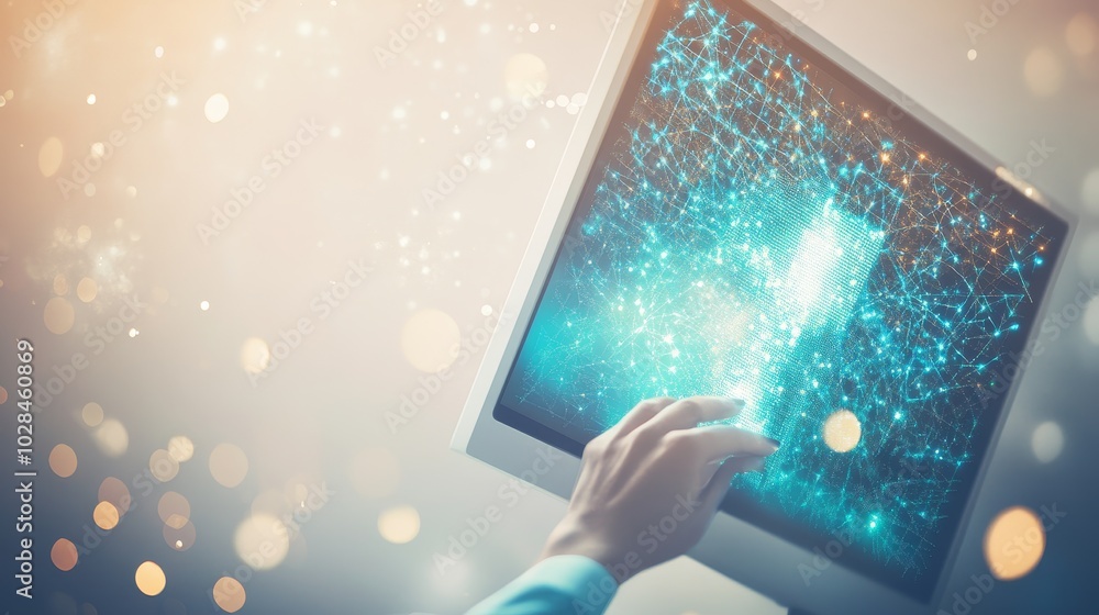 Fototapete A hand reaching towards a glowing screen filled with digital graphics and particles, symbolizing innovation and technology.