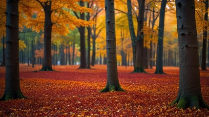 A view of a forest with tall trees in the background and fallen leaves on the ground.