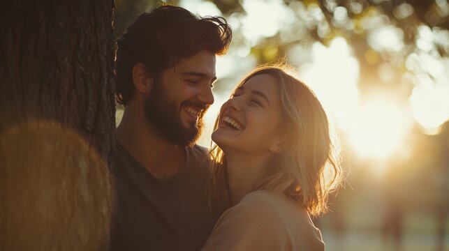 Minimalistic stock photo of a young couple embracing, the man with a beard and dark hair, the woman with shoulder-length blonde hair, both laughing, standing by a tree in a park