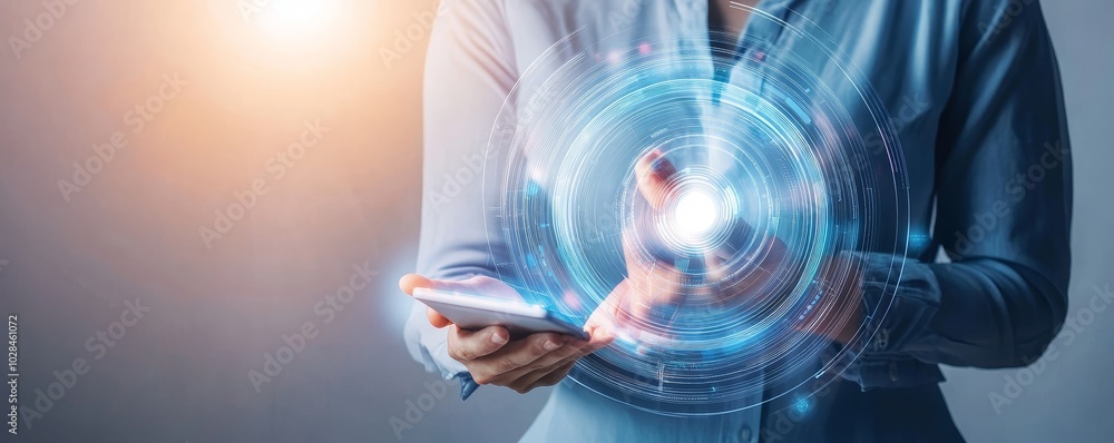 Poster a person interacts with a smartphone, showcasing futuristic technology and digital elements in a mod