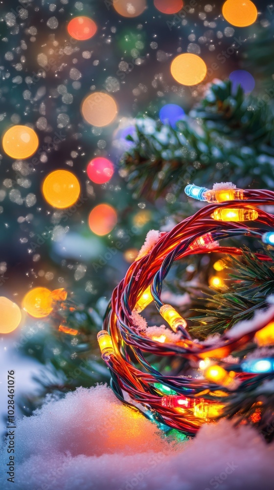 Poster colorful string lights coiled neatly, on a snowy evergreen background with sparkling bokeh, copy spa
