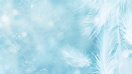 Soft blue background with delicate white feathers for serene designs, copy space