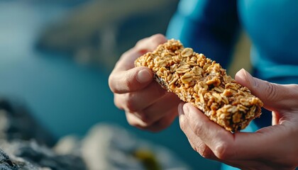 Healthy granola bar held by a person against a natural landscape backdrop.