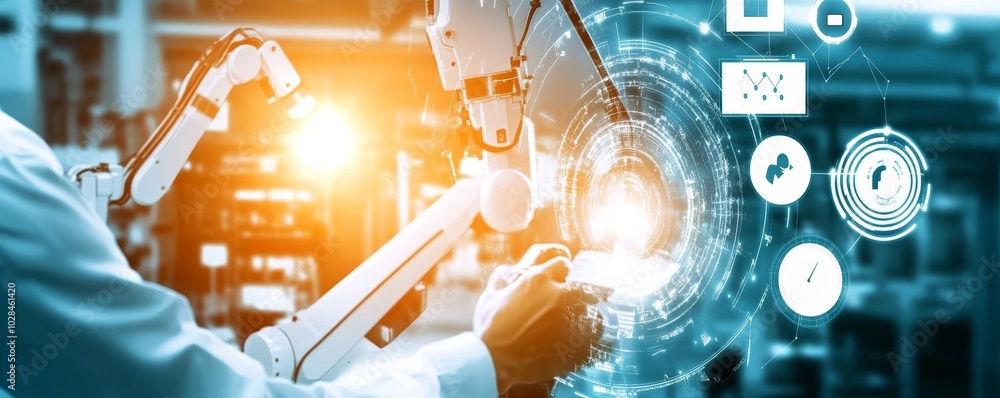 Aufkleber a robotic arm interacts with digital interfaces, showcasing advanced technology and automation in a 