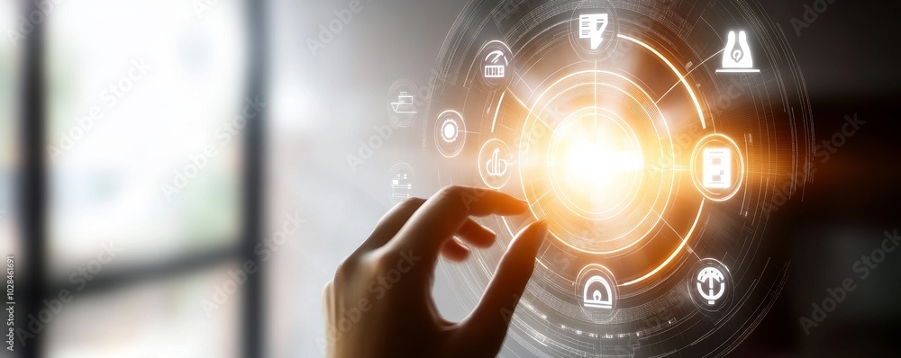 Poster a hand interacts with a digital interface, showcasing advanced technology and innovation in a modern