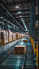 Obraz premium An automated warehouse with robots and conveyor belts handling goods, demonstrating process improvements and reduced reliance on manual labor to cut costs.