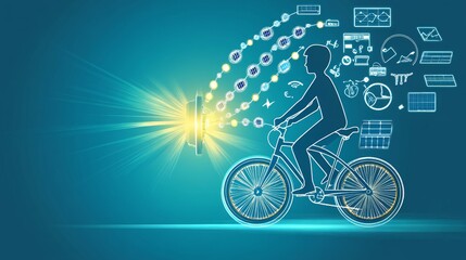 Fototapeta premium A digital illustration of a cyclist pedaling with data visualizations emanating from a light, symbolizing progress and innovation.