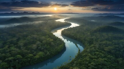 A serene, nighttime landscape featuring a winding river through dense,