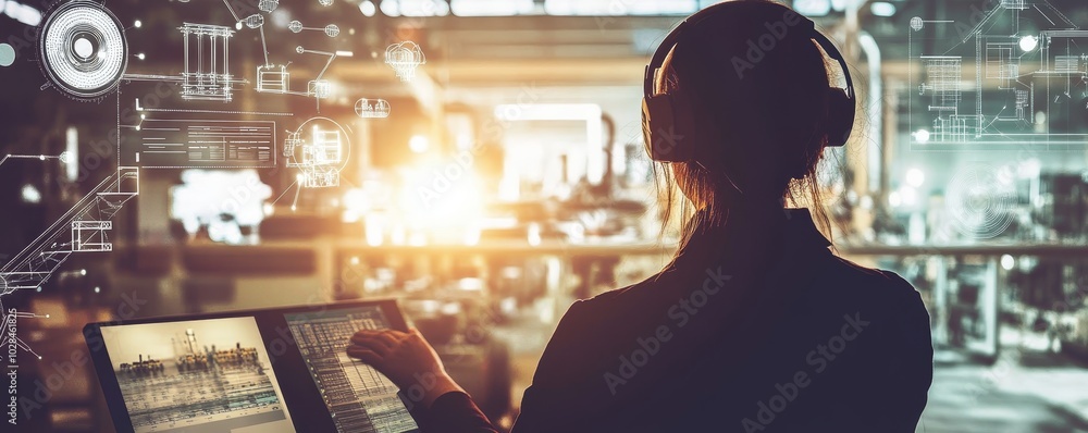 Poster focused individual with headphones working on a digital interface, surrounded by data visualization 