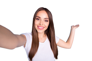 Close up photo of cheerful lovely youth making photo smiling at camera vlog wearing white t-shit isolated over blue background