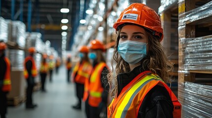 Warehouse workers wearing full safety gear, including helmets, gloves, and high-visibility vests, following workplace safety protocols.