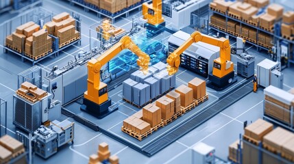 Obraz premium A busy warehouse implementing process improvements, with streamlined workflows and workers using advanced technology to increase performance and reduce costs.