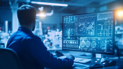 Focused individual analyzing data on a large screen in a modern workspace with dynamic graphs and visuals.