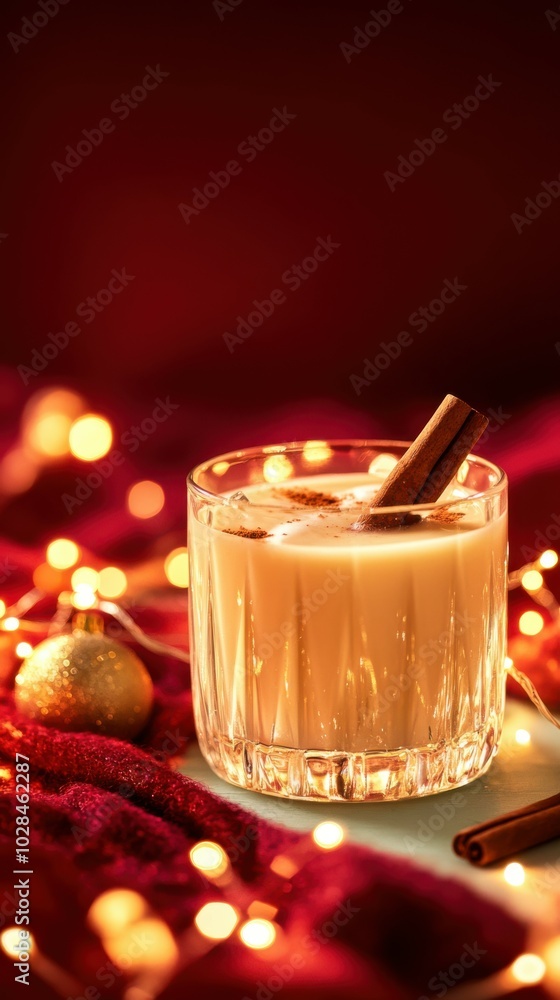 Poster eggnog in a glass with a cinnamon stick, placed on a mint table with a deep crimson backdrop and shi
