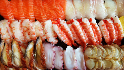 Variety of Sushi, Salmon, Shrimp, Fish, Clam, Octopus, Eel