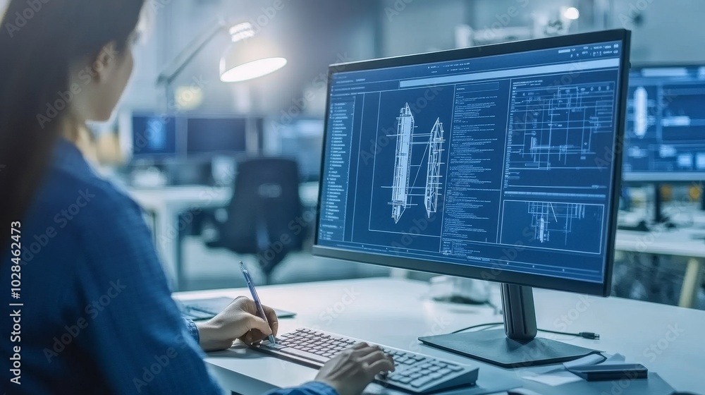 Poster a professional engineer analyzing technical designs on a computer screen in a modern workspace, show