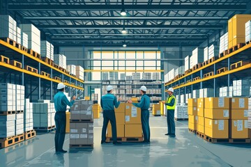 A flat illustration of a process improvement meeting in a warehouse, where managers and workers discuss new strategies to increase efficiency and cut costs.
