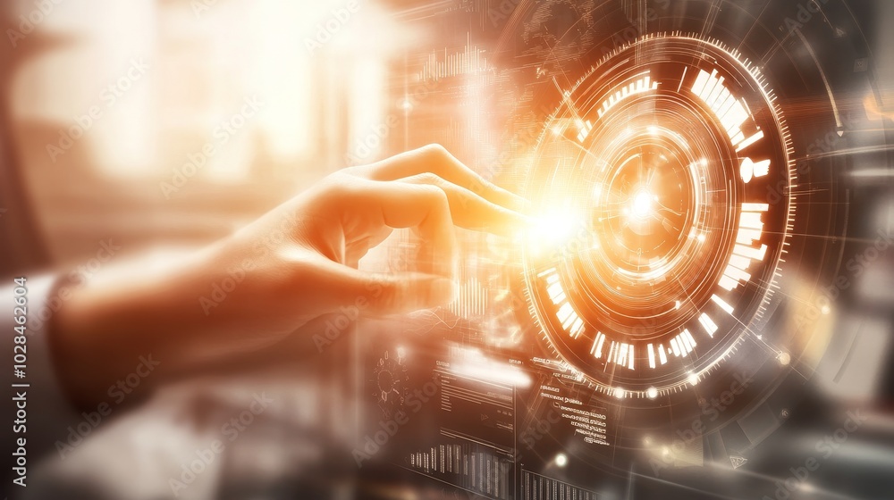 Poster a futuristic hand interacting with a digital interface, symbolizing technology, innovation, and the 