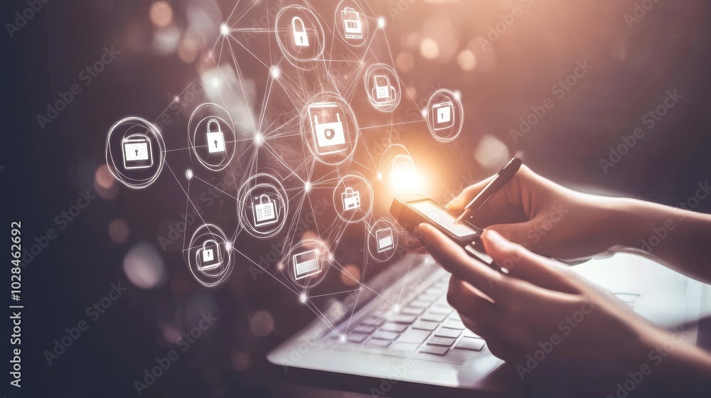 Aufkleber a person using a smartphone to interact with digital security icons, representing technology and onl