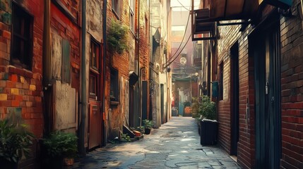 Fototapeta premium Narrow Brick Alleyway with Sunlit Stone Pavement
