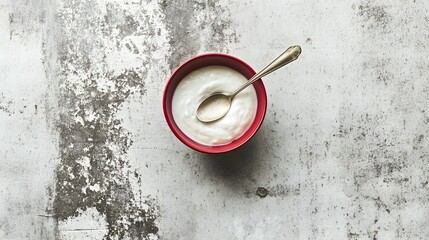 A bowl of creamy white yogurt with a silver spoon