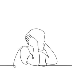 man covering his ears with his hands while sitting at the table - one line art vector. concept Hyperacusis, Ear pain, unwillingness to hear, ignore