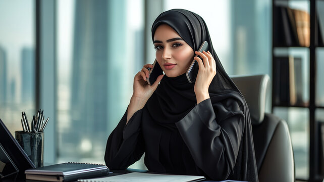 Confident Arabian Woman in Business Attire, Engaged in Phone Conversation.