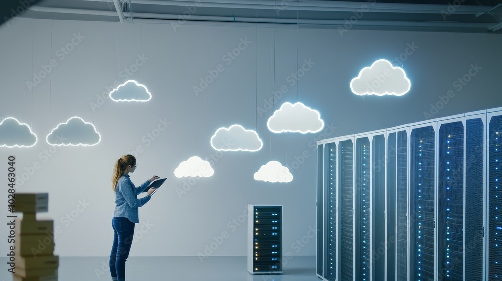 Poster a professional examines data in a modern server room with illuminated cloud symbols. technology and 