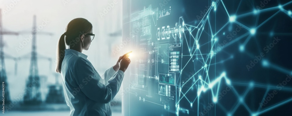 Poster a scientist interacts with digital data while conducting research in an innovative laboratory enviro