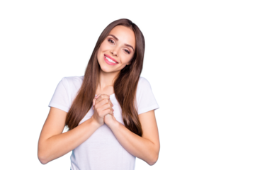 Portrait of pretty girl with fists wearing white t-shirt isolated over blue background