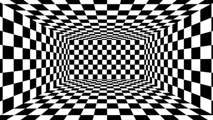 3D chess board textured room. Abstract perspective tunnel. Vector illustration.	
