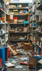 Overstuffed shelves, items scattered on the floor.