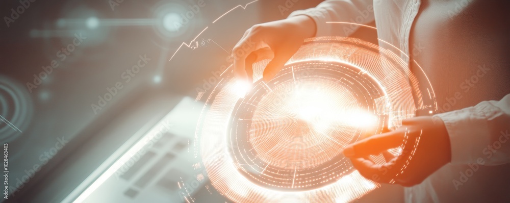 Poster innovative technology concept featuring hands interacting with a digital interface and glowing eleme