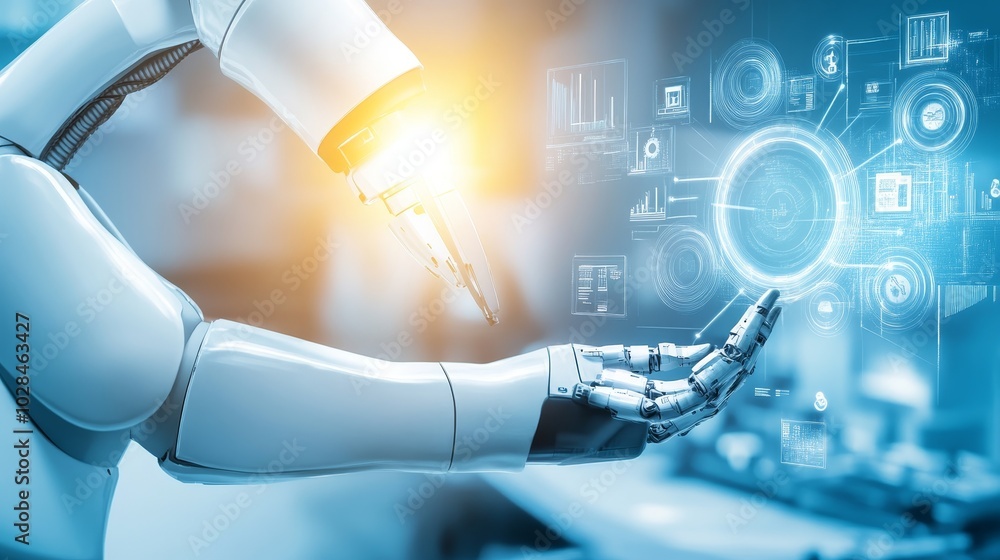 Poster futuristic robotic hand interacting with digital interface, showcasing advanced technology and innov