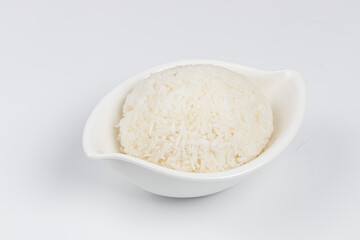 Rice in a white bowl on a white background