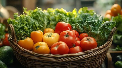 A wicker basket overflowing with fresh, colorful tomatoes and leafy greens.