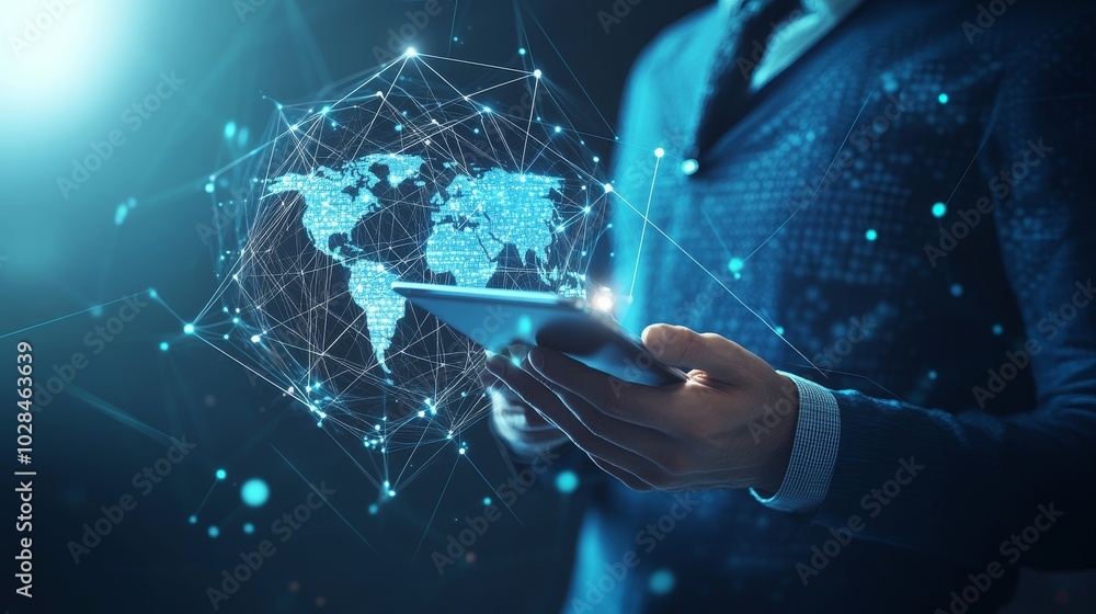 Poster businessman using tablet with digital global network visualization, representing technology and inno