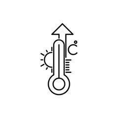 High Temperature Scale Line Icon. Flu, Cold, Virus and Fever Symptoms. Thermometer with Arrow Up Pictogram. Increased Temperature of Human Body Linear Icon. Editable stroke. Vector illustration.